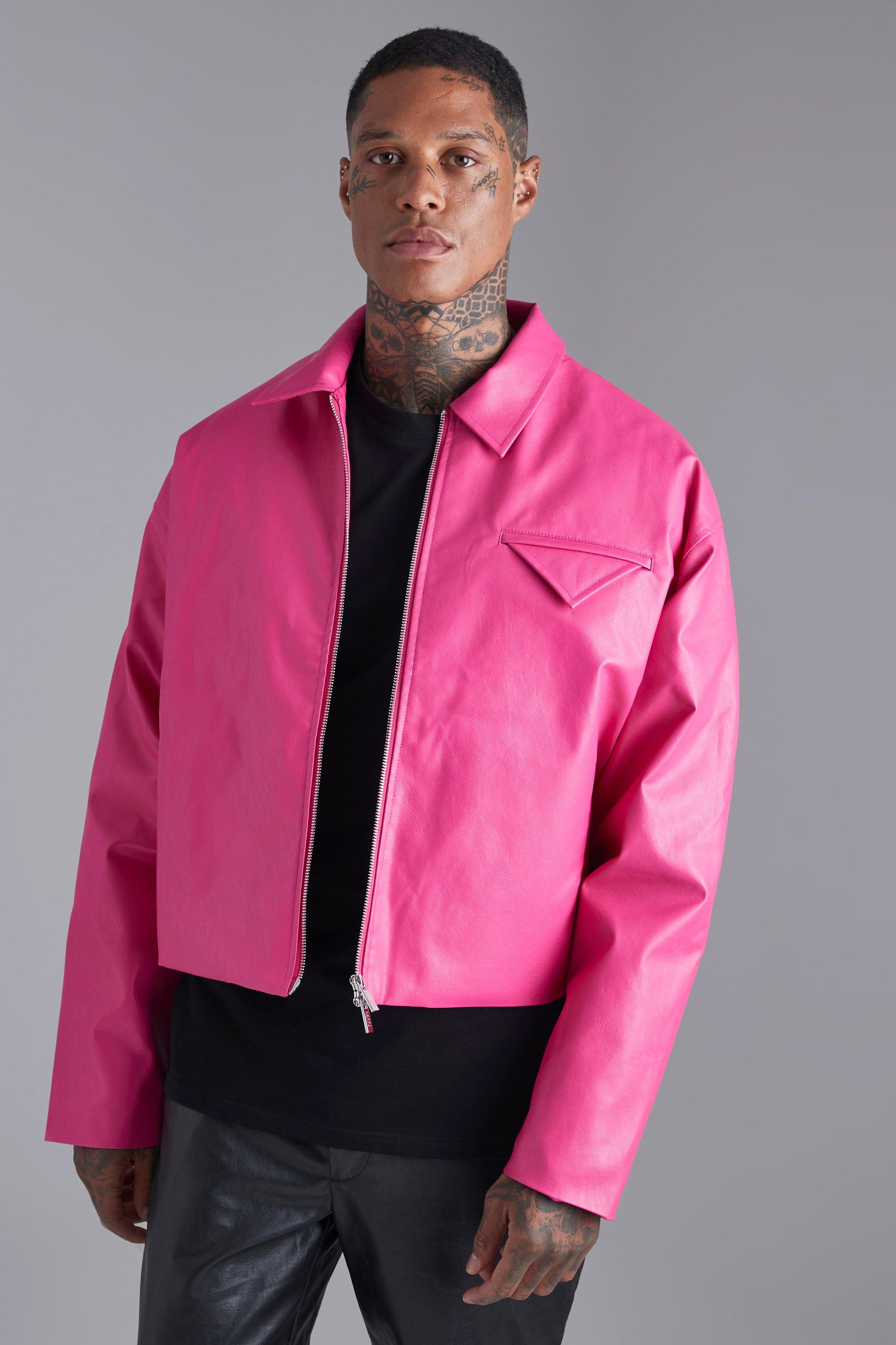Mens Pink Boxy Pu Harrington Jacket, Pink